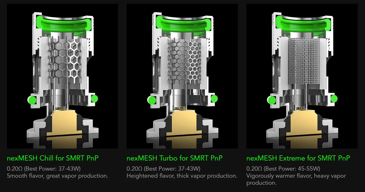 Three cutaway views of a vape device labeled nexMESH Chill, nexMESH Turbo, and nexMESH Extreme for SMART PnP, shown side by side on a black background with green text and power ratings.