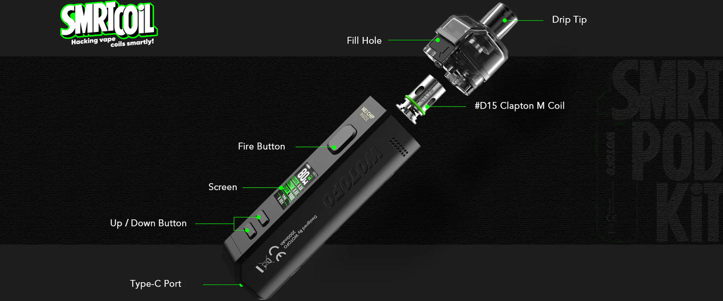 A black SMRTCoil vape pod kit shown on a dark background with labelled callouts pointing to the fill hole, drip tip, screen, fire button, up/down button, type-C port, and #15 Clapton M Coil.