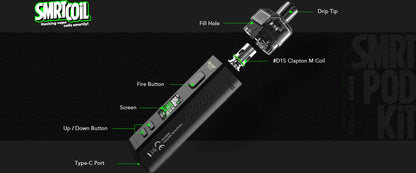 A black SMRTCoil vape pod kit shown on a dark background with labelled callouts pointing to the fill hole, drip tip, screen, fire button, up/down button, type-C port, and #15 Clapton M Coil.