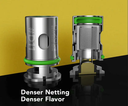 Two metallic vape coils shown on a reflective black surface against a yellow background. One cartridge is upright and closed, showing a silver body with green rings and white text reading '#D11'.