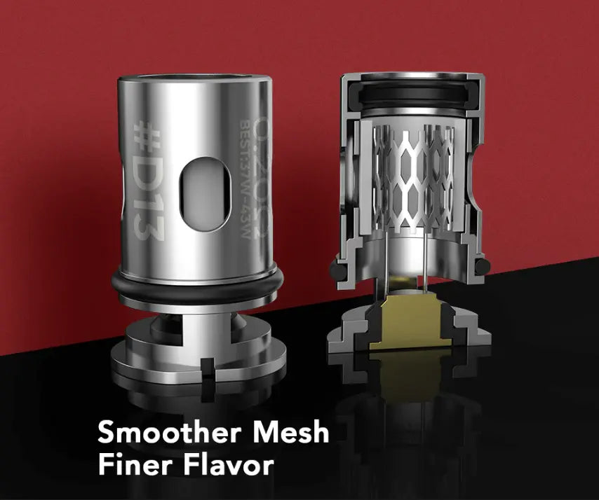 Two metallic vape coil heads shown on a reflective black surface against a red-to-black background. One is a full-length brushed metal view with '#D13' and 'BEST37W/45W' markings, and the other is a cutaway view showing internal mesh structure.