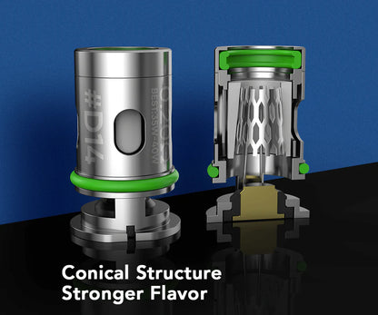 Two metallic vape coil components shown on a dark reflective surface against a blue gradient background. One is a full-length view with green accents, and the other is a cross-section view showing internal structure.