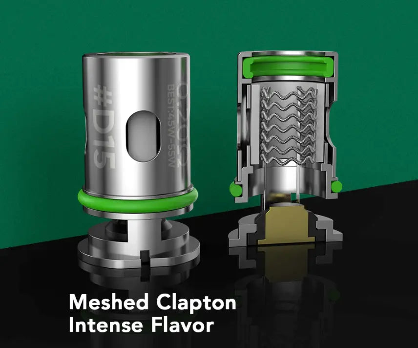 A 3D render of a metal vape coil or clapot component shown front and back, with green rings and a wavy internal mesh pattern. The text 'Meshed Clapton Intense Flavor' appears at the bottom over a dark green and black background.