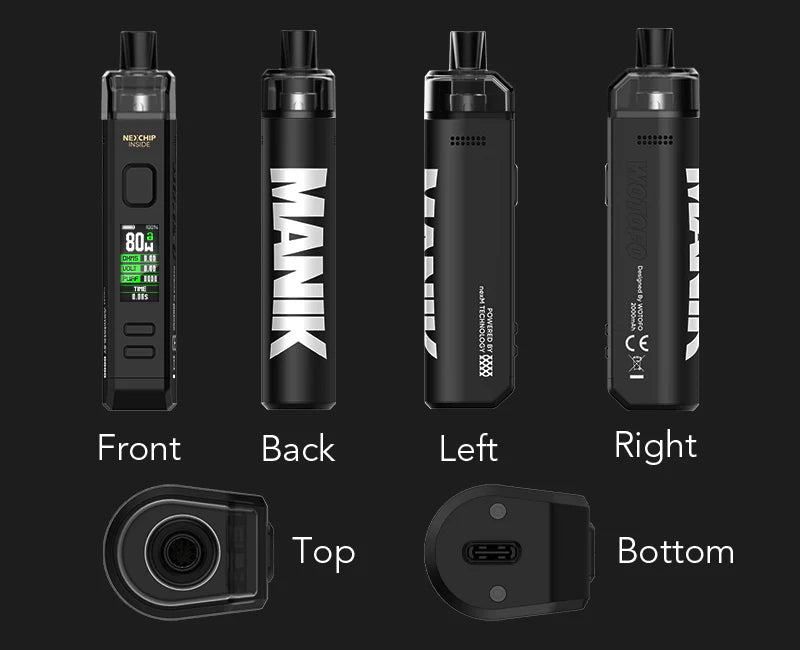 Black vape device with labelled views on a black background