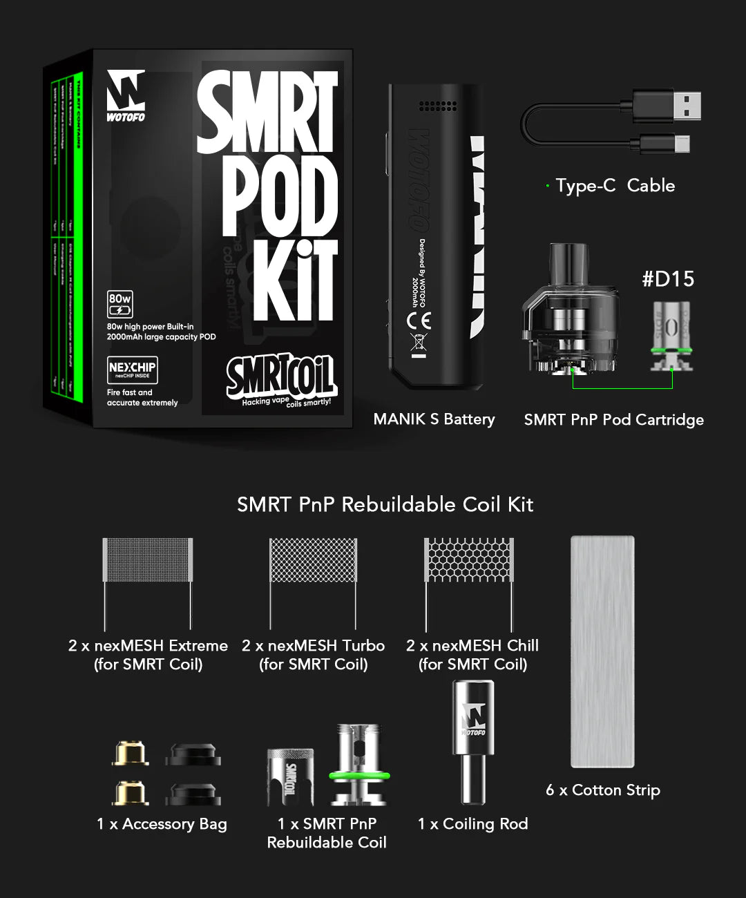 Wotofo Manik SMRT Pod Kit and replacement coil kit on a black background, showing the retail box, a black vape device, a USB-C cable, a tank cartridge, replacement coils, cotton strips, and accessory bag with labelled parts.