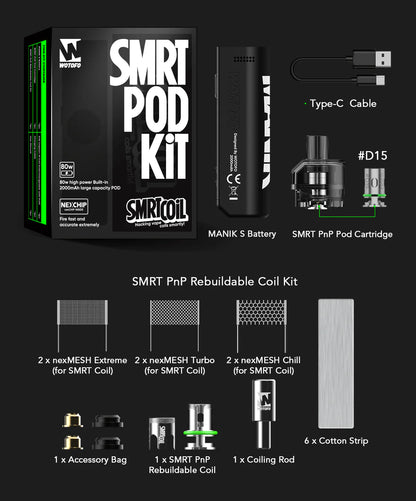 Wotofo Manik SMRT Pod Kit and replacement coil kit on a black background, showing the retail box, a black vape device, a USB-C cable, a tank cartridge, replacement coils, cotton strips, and accessory bag with labelled parts.