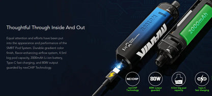 A close-up promotional product shot of a vape device with a blue-to-green gradient body and large white 'MANIK' branding, shown alongside marketing text and feature icons on a dark blue background.