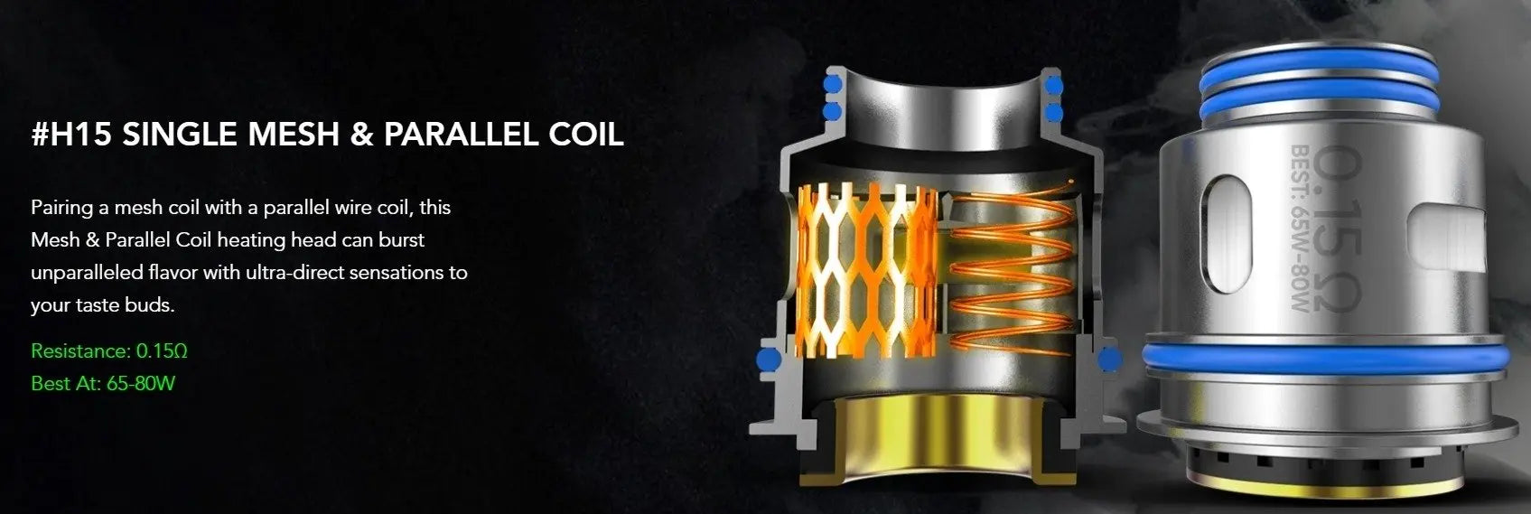 Two Wotofo nexMesh Pro Replacement Coils shown on a dark promotional background with text describing a single mesh and parallel coil setup. The coil housings are metallic silver and blue with orange honeycomb visible inside.