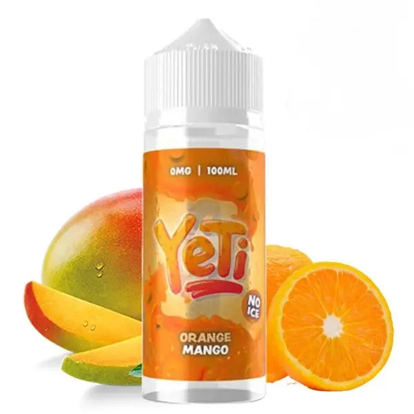 Yeti Orange Mango vape juice bottle with mango and orange slices on a white background