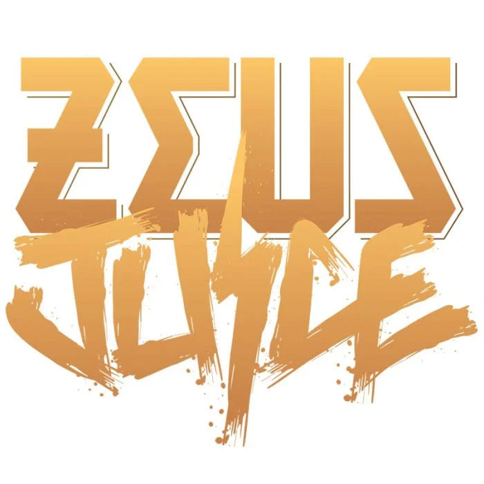 Gold 'Zeus Juice' logo on a white background