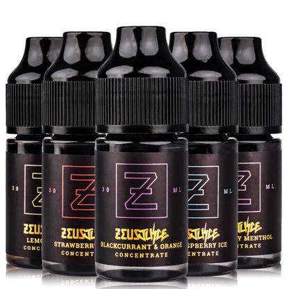 Zeus Juice Flavour Concentrates bottles with black and purple labels on a white background