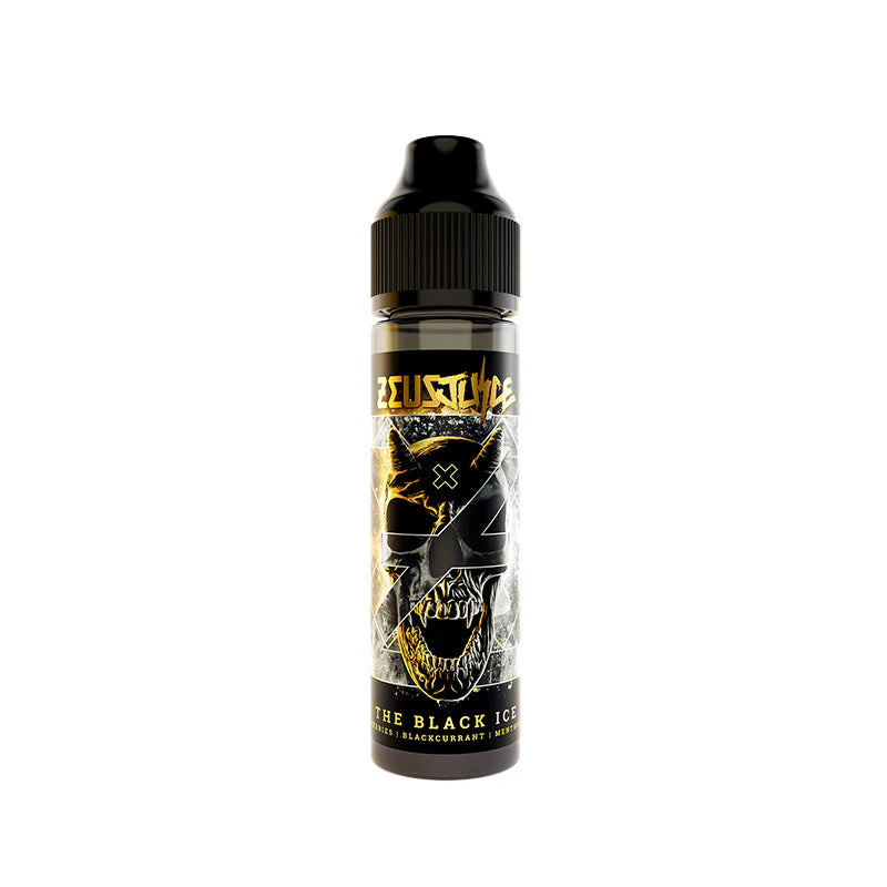 Vape juice bottle with black and yellow design on a white background