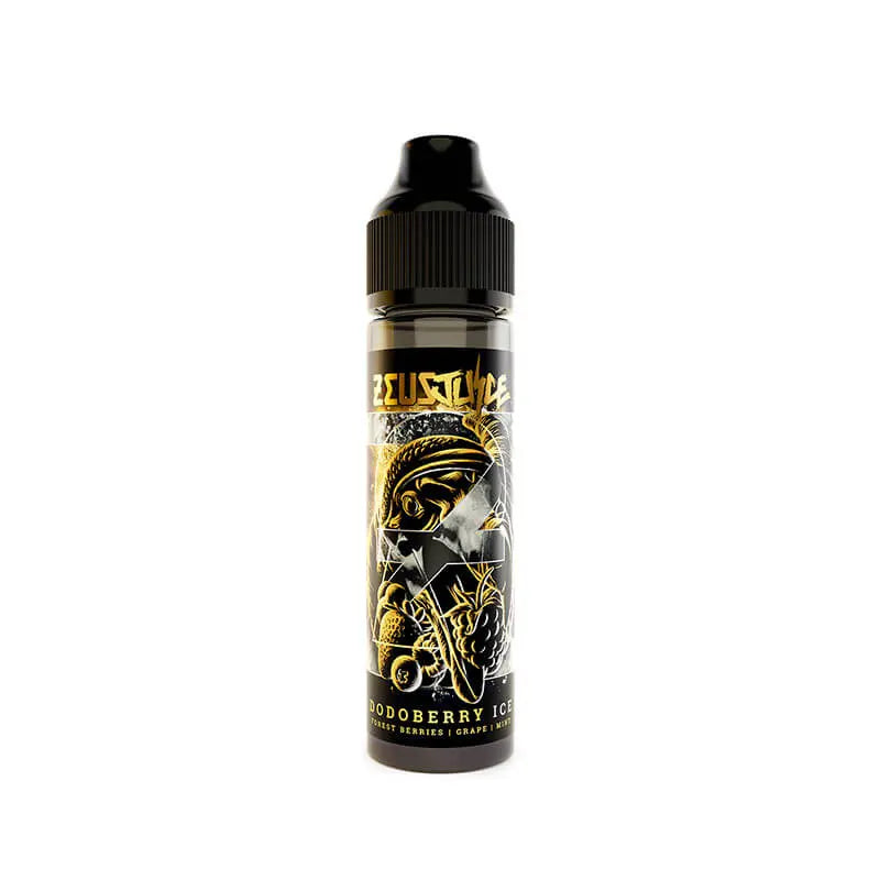Vape juice bottle with black and gold label on a white background