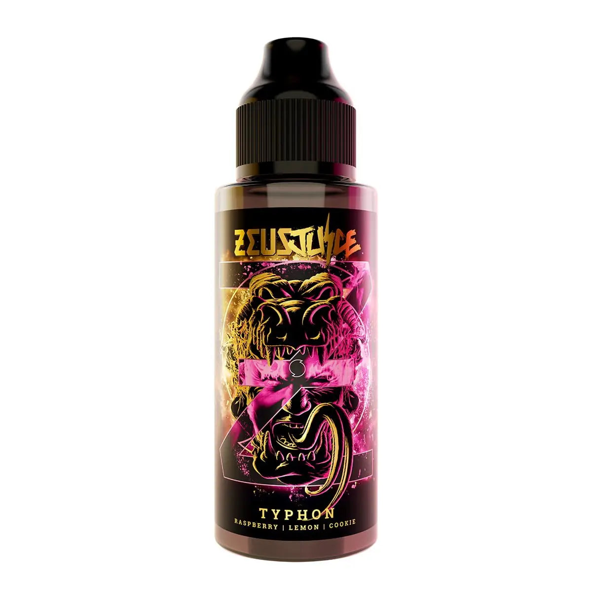 Vape juice bottle with colourful label featuring a serpent design on a white background